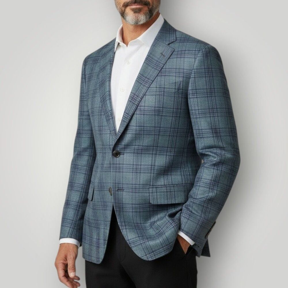 SAMUELSOHN Mens Blazer 46R Blue Plaid Silk/Wool/Linen Sport Coat Suit Jacket